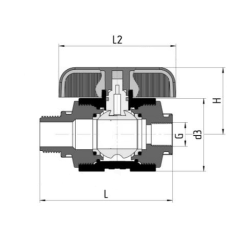Кран шаровой Valfex компрессионный PP-R Дн36 1 1/2″x1 1/4″ Ру16 полнопроходной внутренняя-внутренняя резьба, корпус - полипропилен