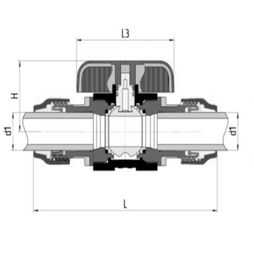 Кран шаровой Valfex компрессионный PP-R Дн63x63 Ру16 полнопроходной цанга-цанга, корпус - полипропилен
