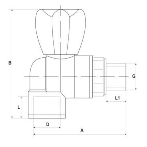 Кран шаровой VALFEX PP-R серый НР Дн20x1/2″ Ру25 стандартнопроходной для радиатора угловой под приварку, корпус - полипропилен