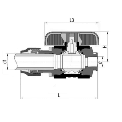 Кран шаровой Valfex компрессионный PP-R Дн63x2″ Ру16 полнопроходной цанга-внутренняя резьба, корпус - полипропилен
